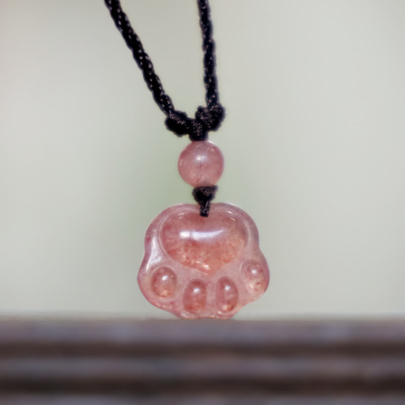 Strawberry Quartz Love Healing Cat Paw Pendant Necklace