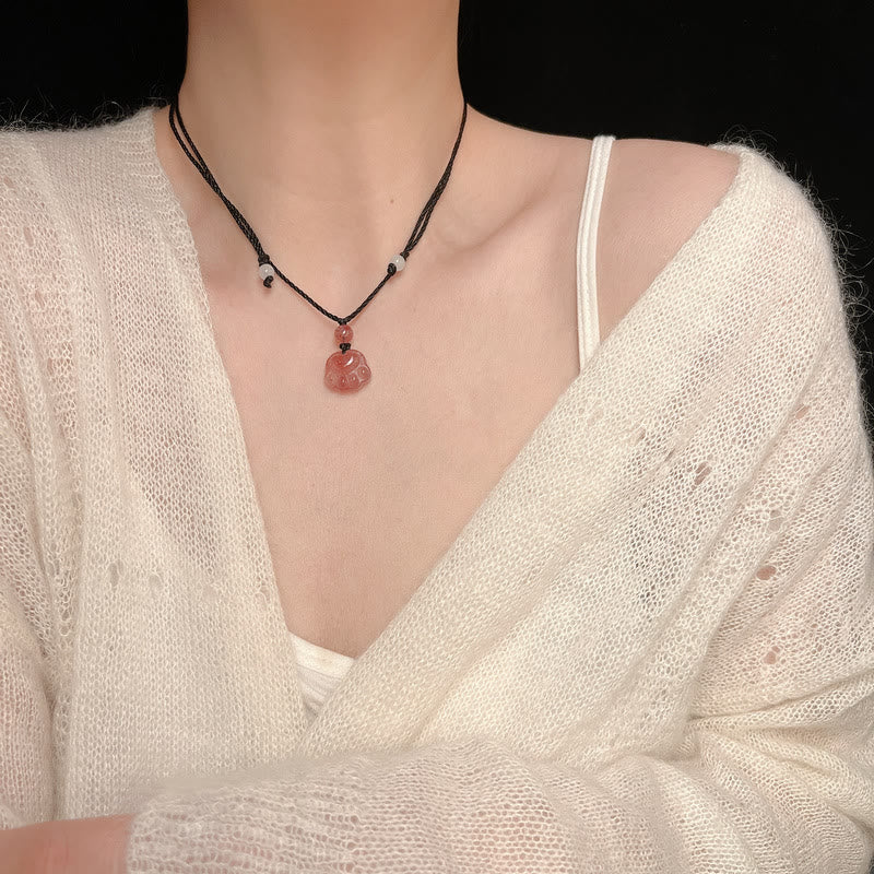 Strawberry Quartz Love Healing Cat Paw Pendant Necklace