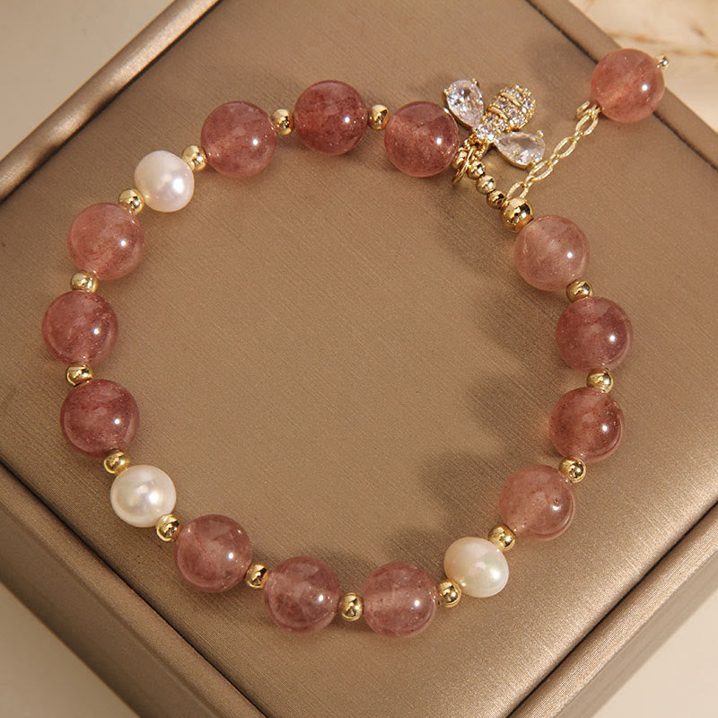 Strawberry Quartz Pearl Positive Energy Charm Bracelet