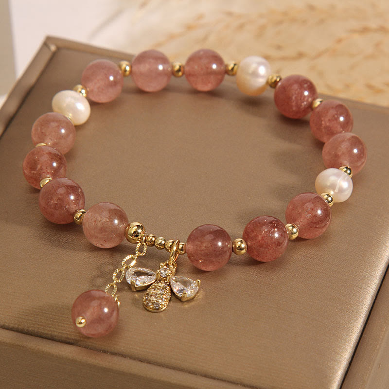 Strawberry Quartz Pearl Positive Energy Charm Bracelet