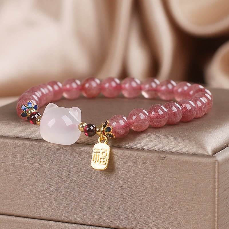 Strawberry Quartz White Jade Cat Fu Healing Bracelet