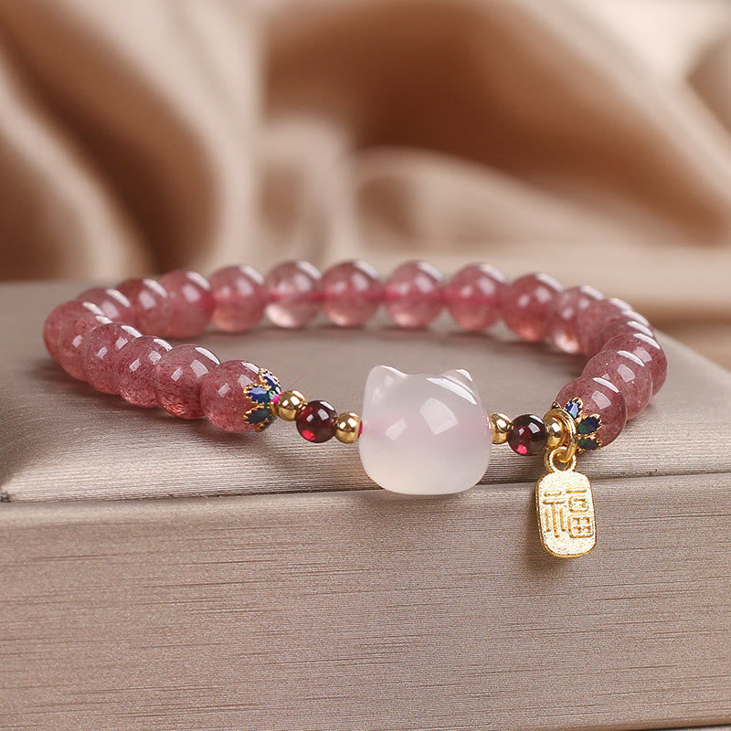 Strawberry Quartz White Jade Cat Fu Healing Bracelet