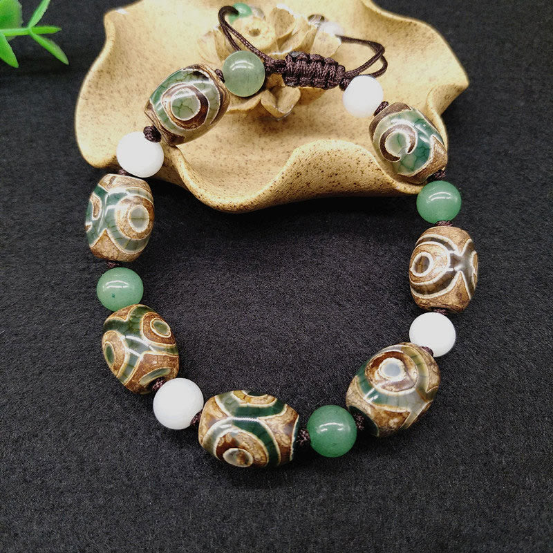 Three-eyed Dzi Bead Agate Bracelet for Luck & Protection