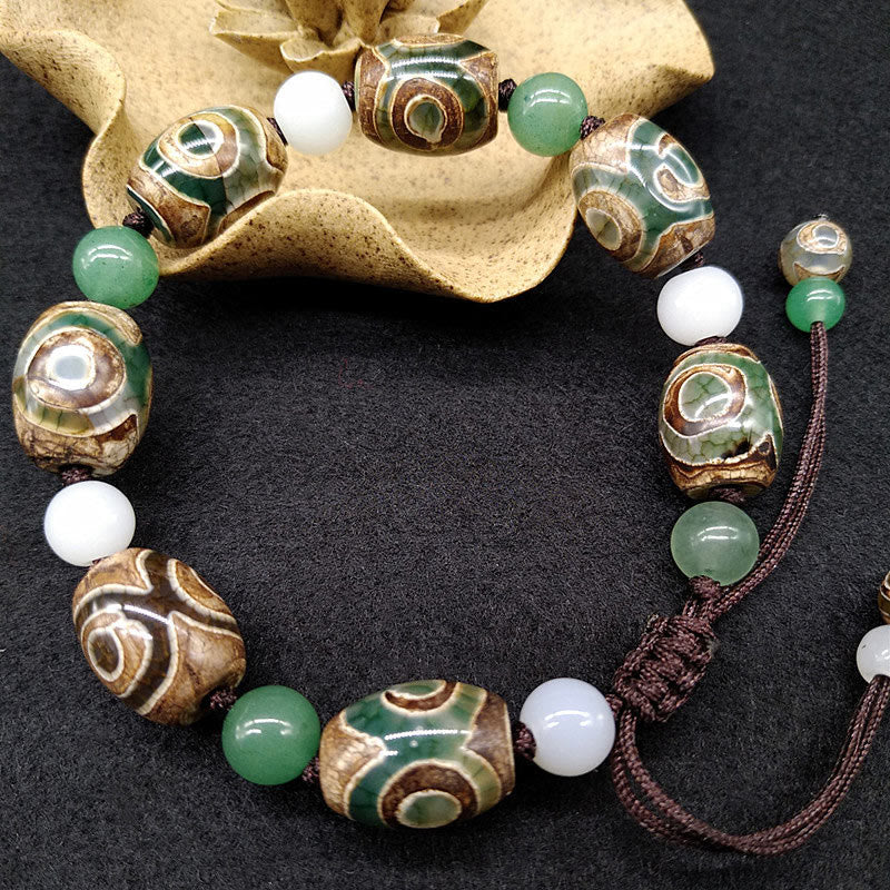Three-eyed Dzi Bead Agate Bracelet for Luck & Protection