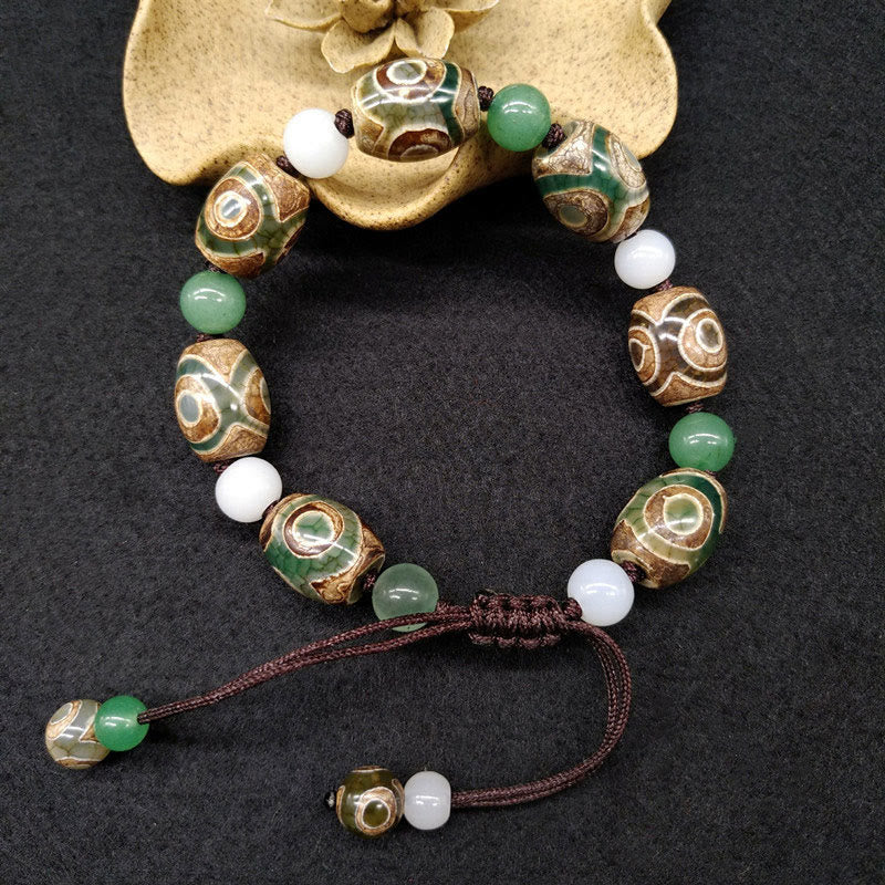 Three-eyed Dzi Bead Agate Bracelet for Luck & Protection