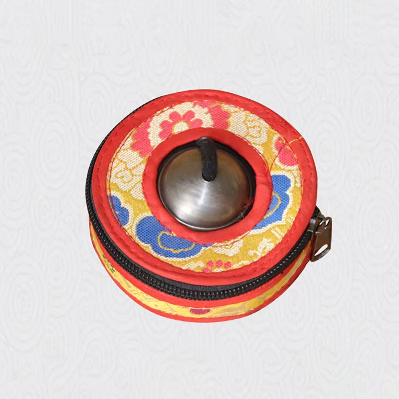 Circular red measuring tape case with floral designs for Tibetan Brass Finger Cymbals