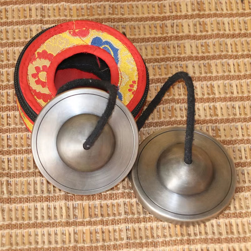 Traditional Tibetan Brass Finger Cymbals with Black Cords for Meditation Yoga