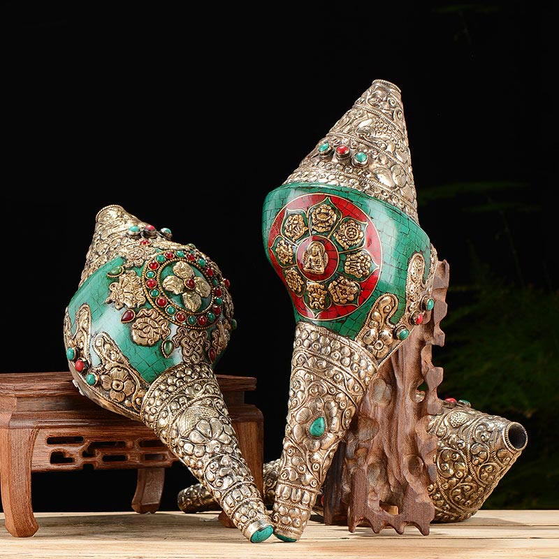 Tibetan Handmade Double Dorje Shankha Conch Decor 31x12cm