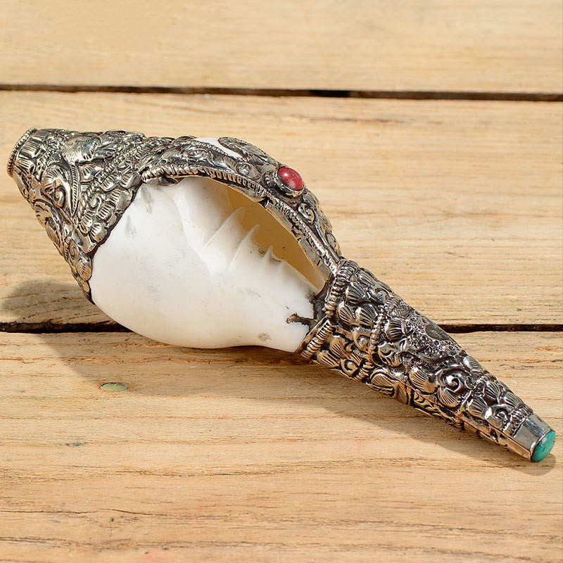 Tibetan Natural Shankha Conch Shell Dragon Decoration