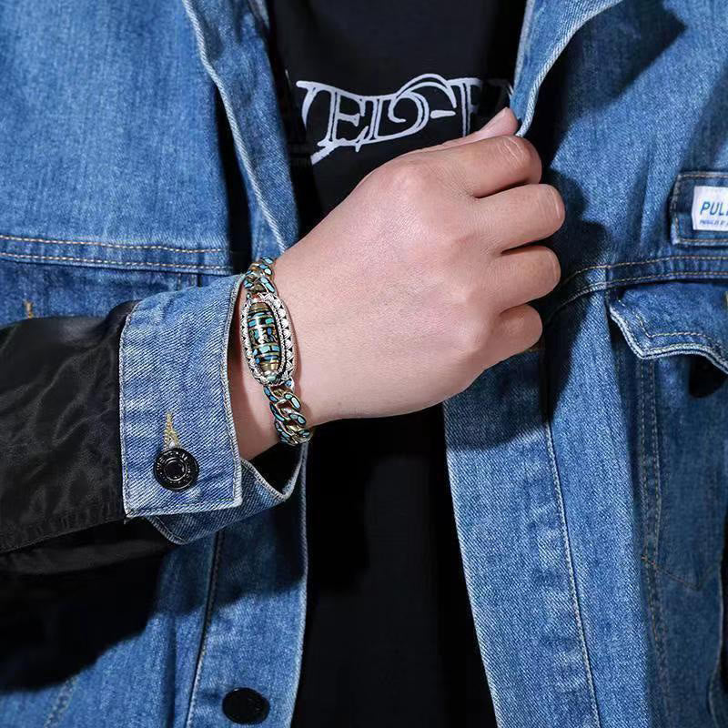 Tibetan Nine-Eye Dzi Bead Turquoise Protection Bracelet 18cm