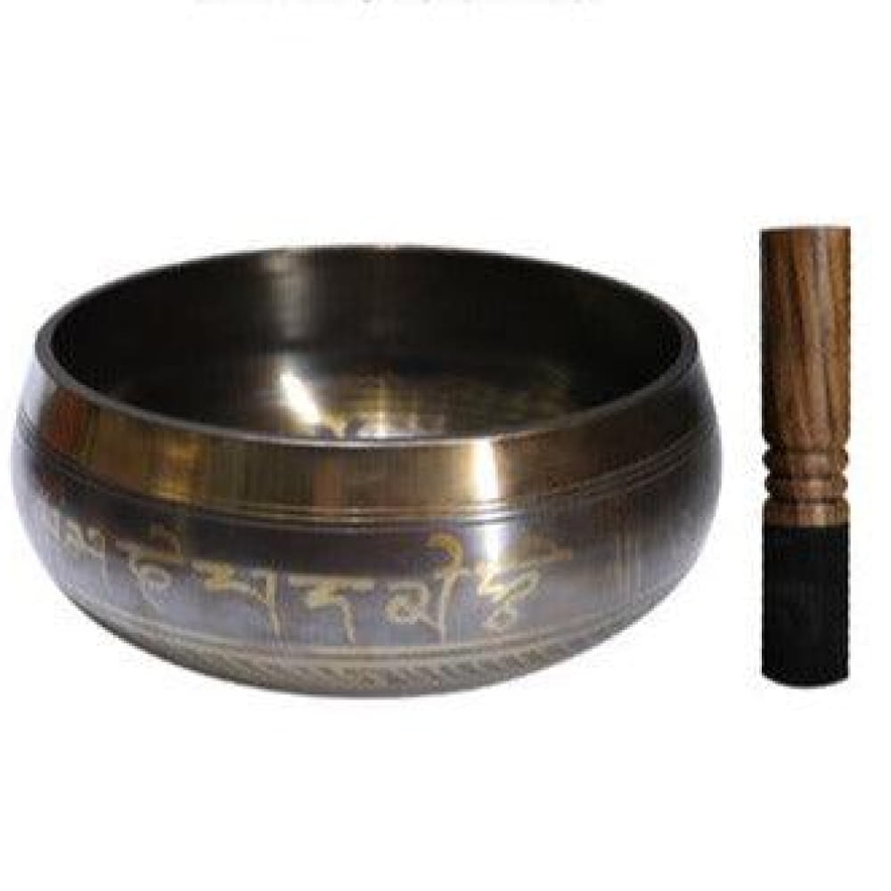 Tibetan Singing Bowl with wooden striker and etched Sanskrit for meditation use