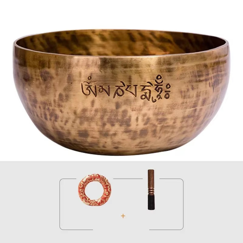 Hammered Brass Tibetan Singing Bowl with Sanskrit Inscription for Meditation Healing