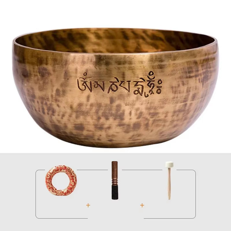 Hand-hammered Tibetan Singing Bowl with Sanskrit inscription for meditation and healing