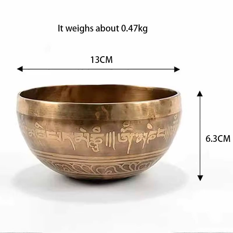 Bronze Tibetan singing bowl with Sanskrit engravings in Tibetan Singing Bowl Set for Healing