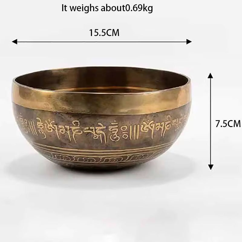 Tibetan Singing Bowl with engraved Sanskrit text and brass rim for healing meditation