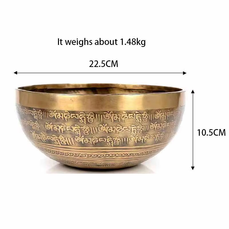 Bronze Tibetan singing bowl with Sanskrit engravings for healing and meditation