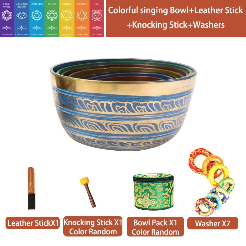 Decorative blue and gold Tibetan Singing Bowl with traditional designs for healing