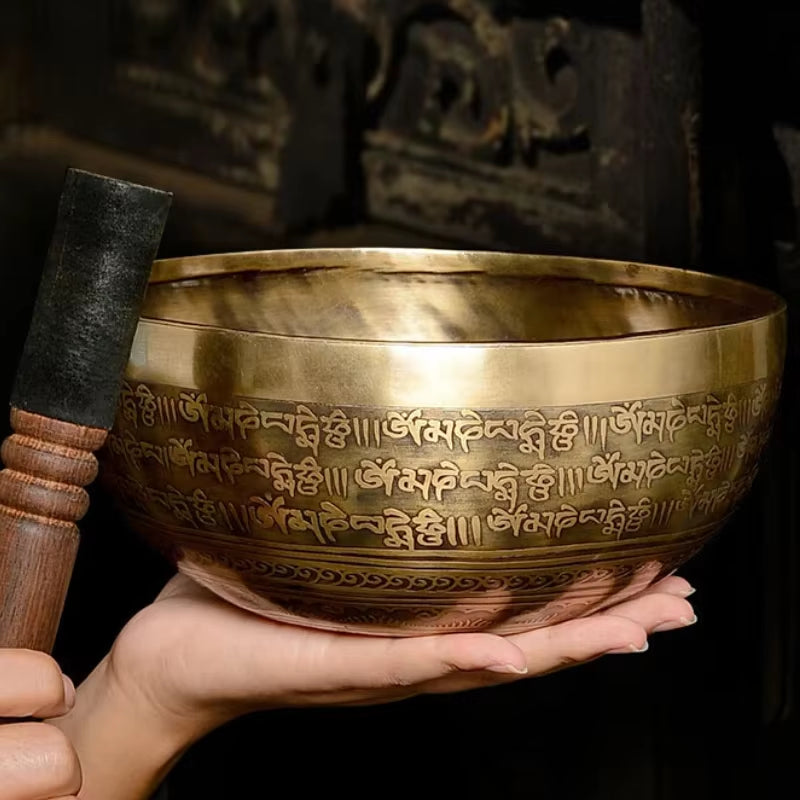 Tibetan Singing Bowl Set for Healing featuring carved Sanskrit mantras and wooden striker