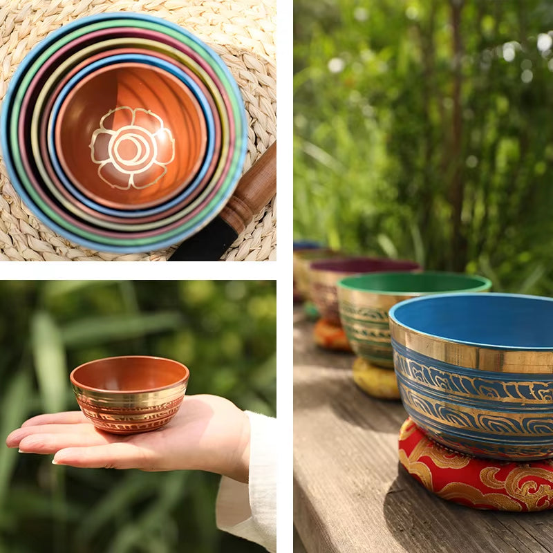 Colorful Tibetan singing bowls with intricate designs in Healing Bowl Set