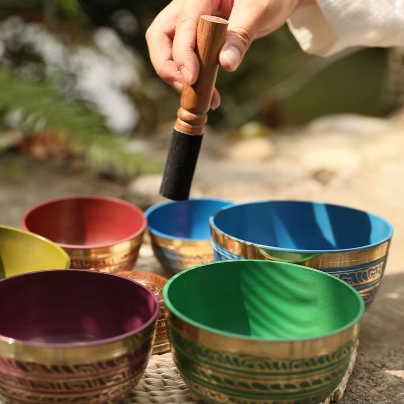 Colorful Tibetan Singing Bowls with Wooden Striker in Healing Set