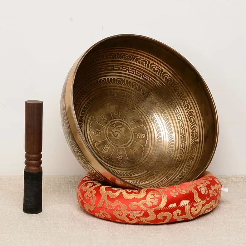 Tibetan Singing Bowl set with red and gold cushion and wooden striker for healing