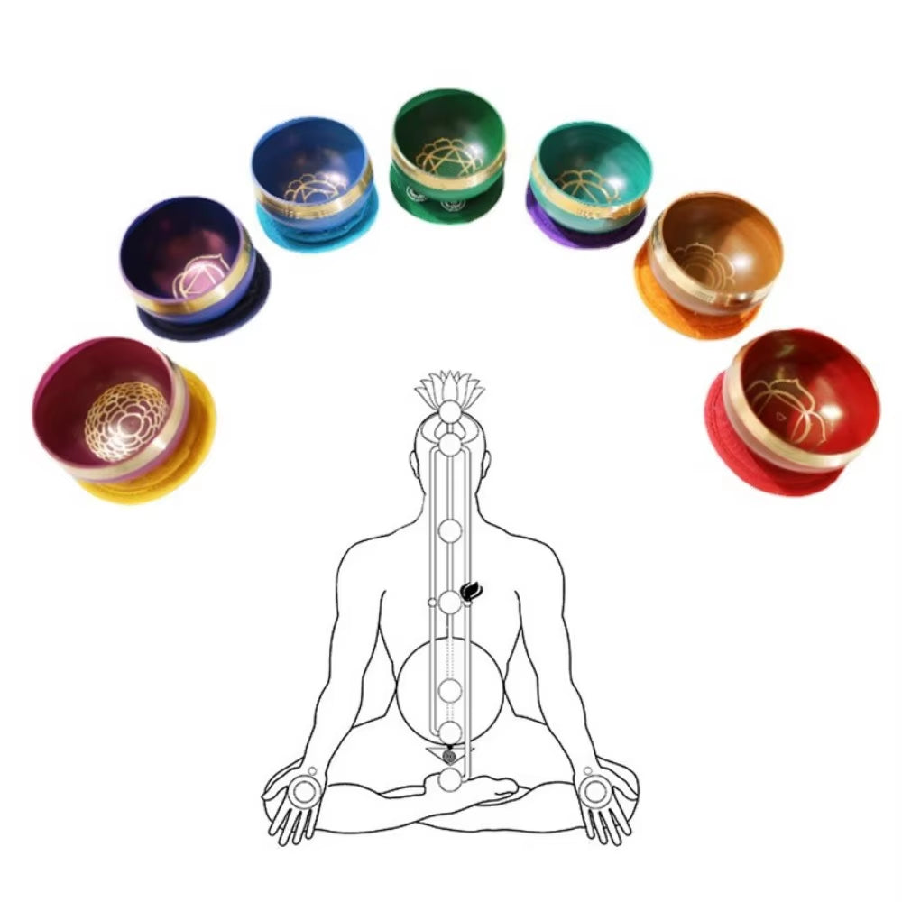 Colorful Tibetan singing bowls in chakra pattern around meditation figure line drawing