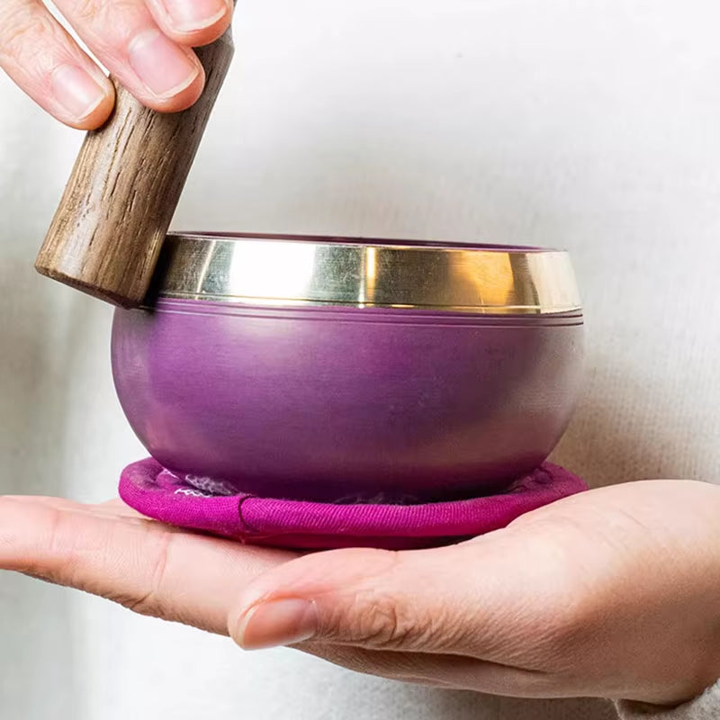 Purple Tibetan Singing Bowl with striker on a pink cushion for meditation and healing