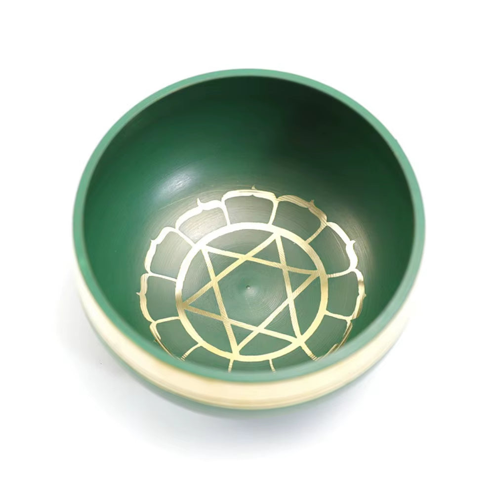 Green ceramic bowl with gold geometric star pattern for Tibetan Singing Bowl Set