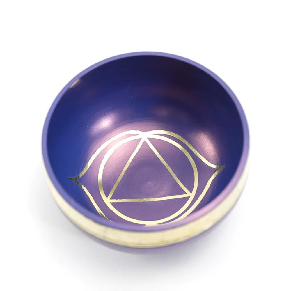 Purple Tibetan Singing Bowl with gold Third Eye Chakra symbol for meditation healing