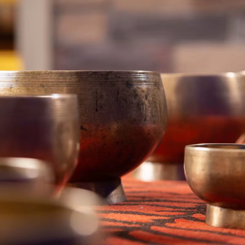 Metal Tibetan Singing Bowls arranged on a red surface for sound healing therapy