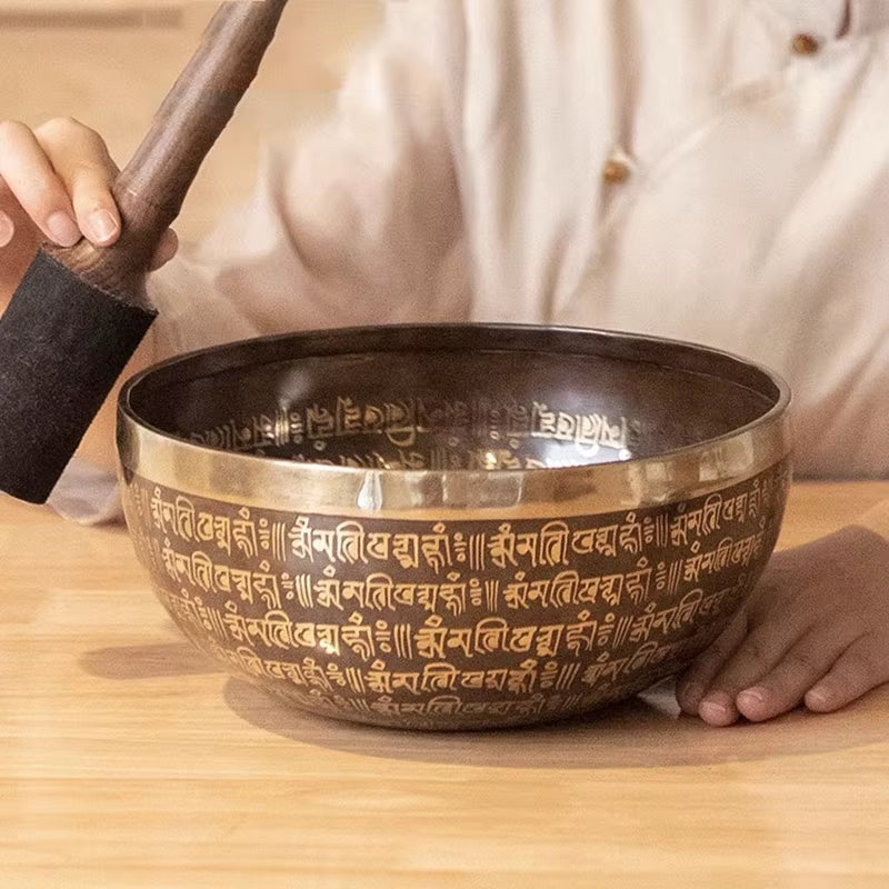 Tibetan Singing Bowl with Sanskrit Inscriptions and Wooden Striker for Meditation