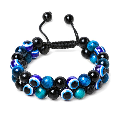 Tiger Eye Evil Eye Protection Bracelet 8mm Beads Classic, Blue Tiger Eye & Evil Eye, on a white background