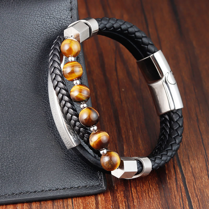 Tiger Eye Multi-Layered Leather Bracelet for Grounding & Power