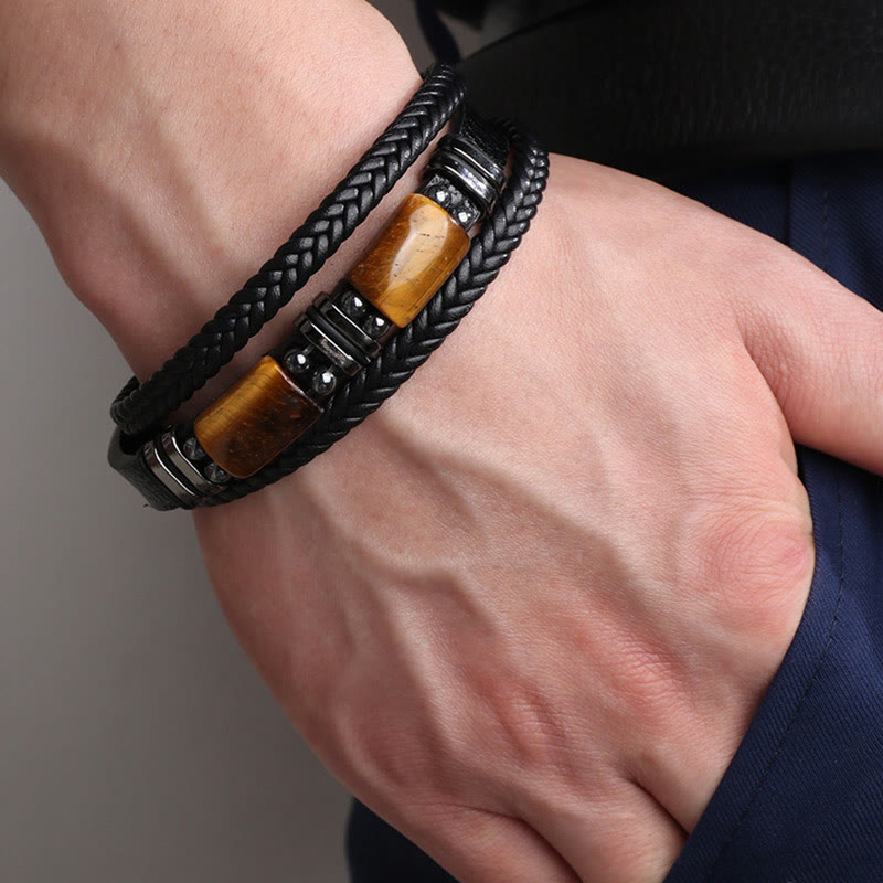 Tiger Eye Power Magnetic Buckle Leather Bracelet