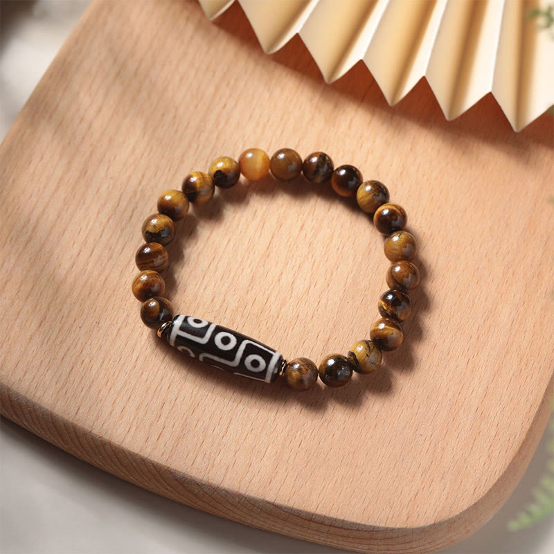 Tiger Eye Protection Bracelet with Nine-Eye Dzi and Tourmaline Beads