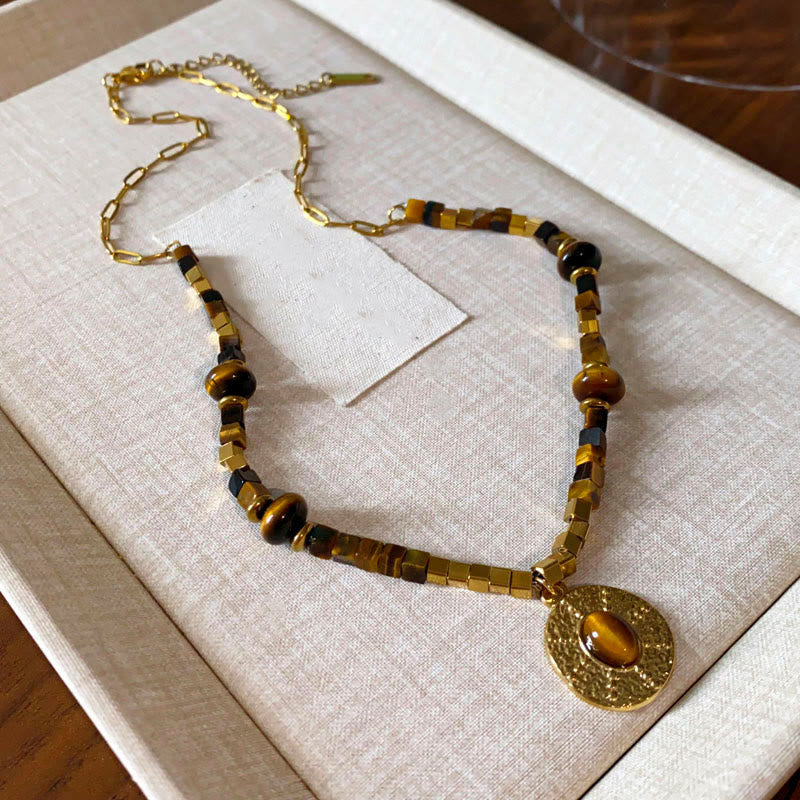 Tiger Eye Square Protection Necklace in Titanium Steel