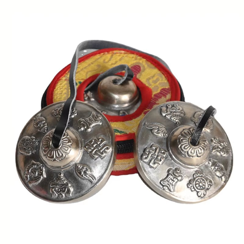 Tibetan Tingsha meditation cymbals with Buddhist symbols and carrying bag, 6.5cm