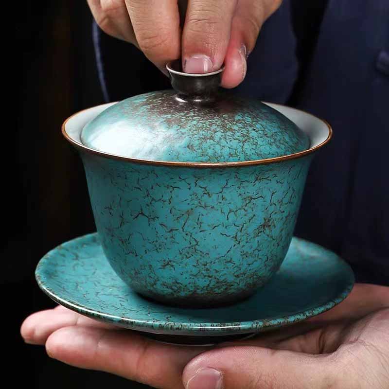 Traditional Pine Tree Green Ceramic Gaiwan Teacup | 150ml | Zen Decor