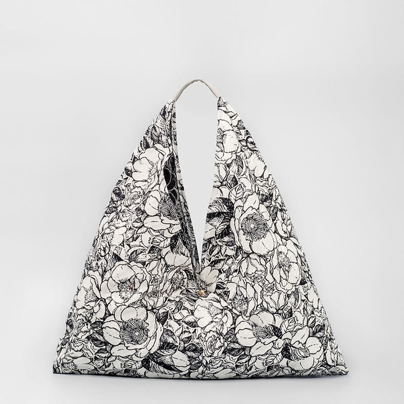 Triangular Cotton Shoulder Bag with Flowers & Butterfly Print