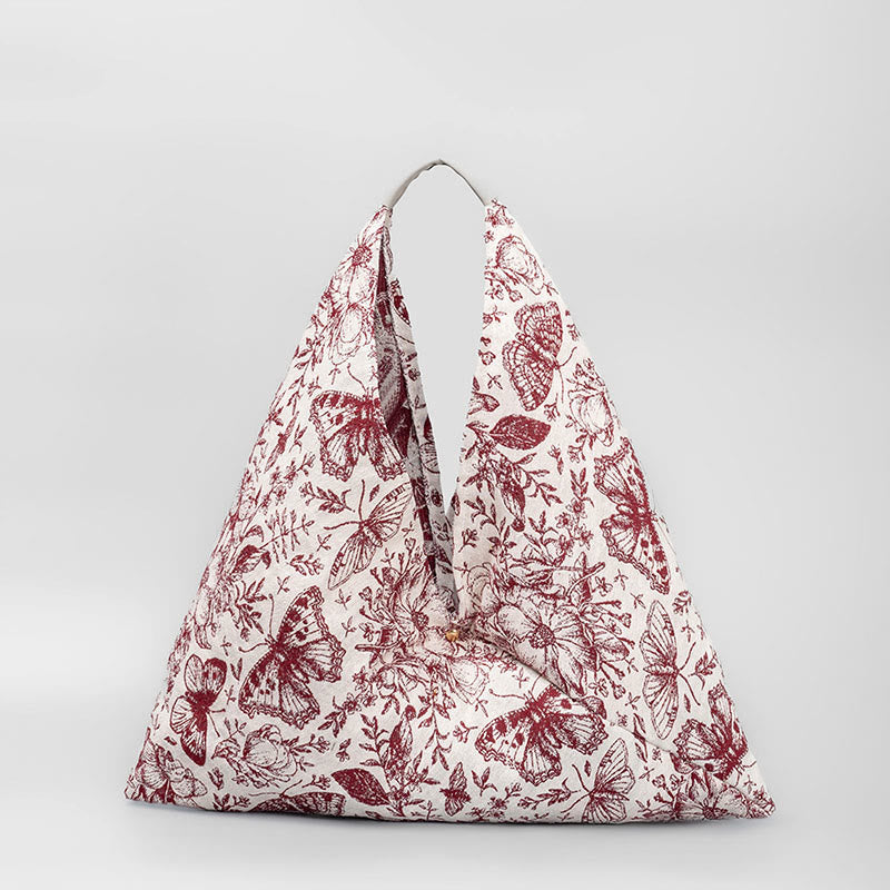 Triangular Cotton Shoulder Bag with Flowers & Butterfly Print
