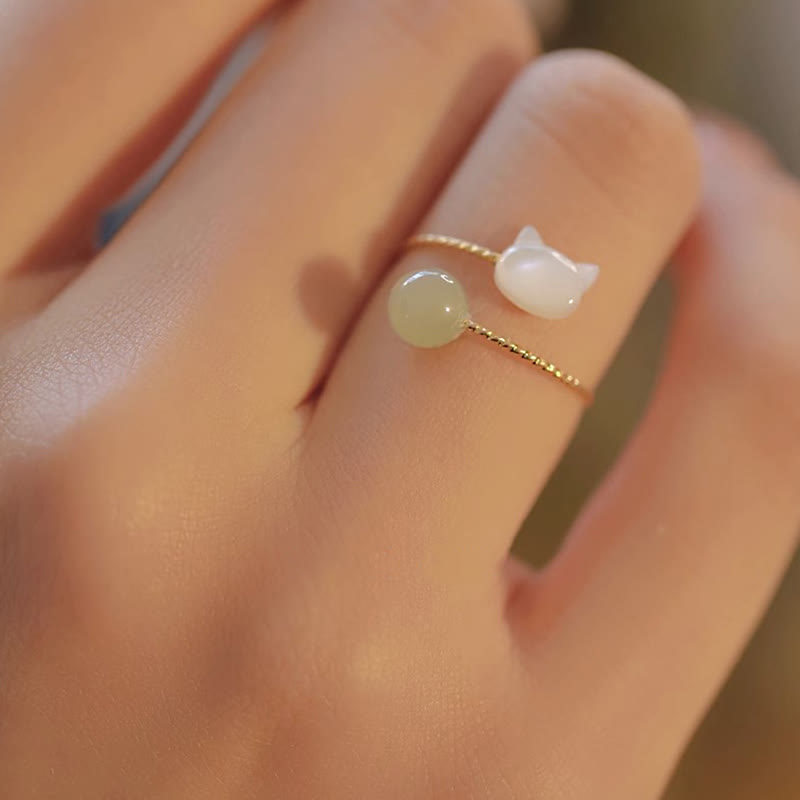 Tridacna Stone Cat Head Jade Blessing Ring for Balance