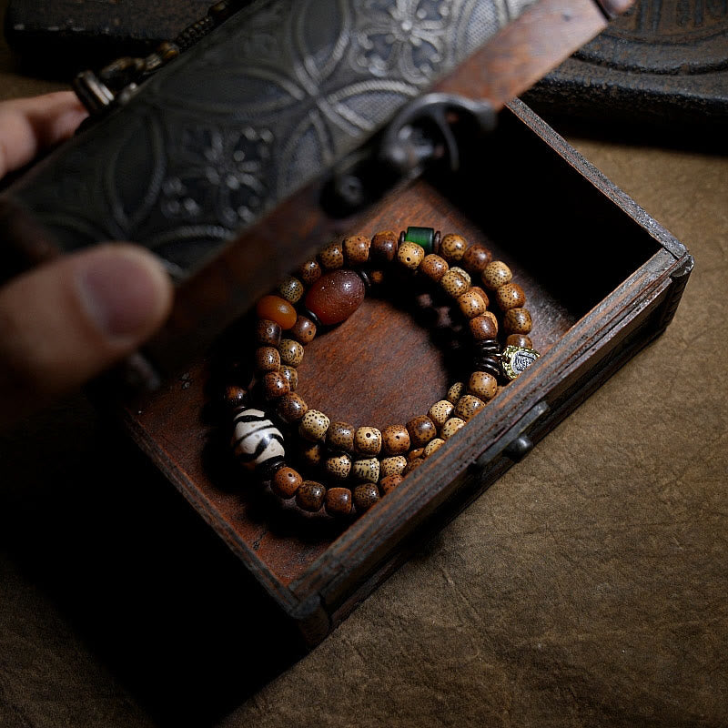 Triple Wrap Agate Bracelet with Bodhi Seed & Amber Beads