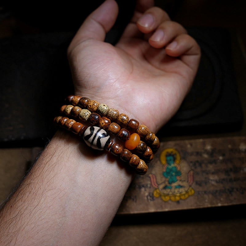 Triple Wrap Agate Bracelet with Bodhi Seed & Amber Beads