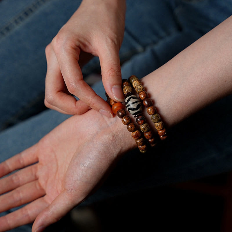 Triple Wrap Agate Bracelet with Bodhi Seed & Amber Beads