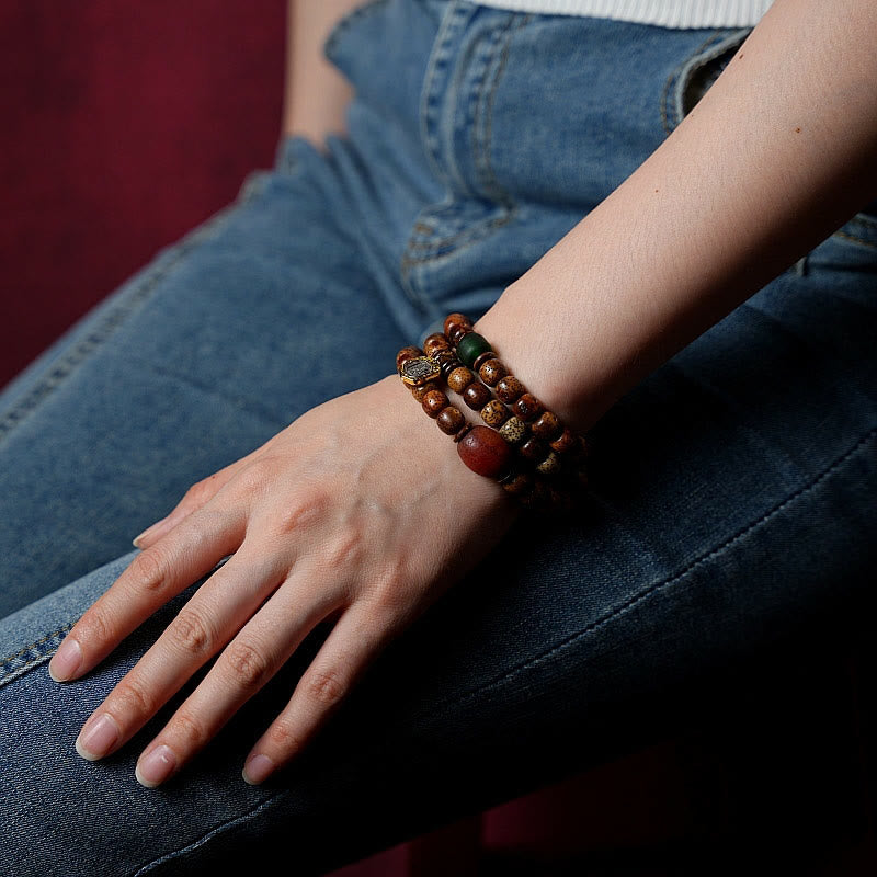 Triple Wrap Agate Bracelet with Bodhi Seed & Amber Beads