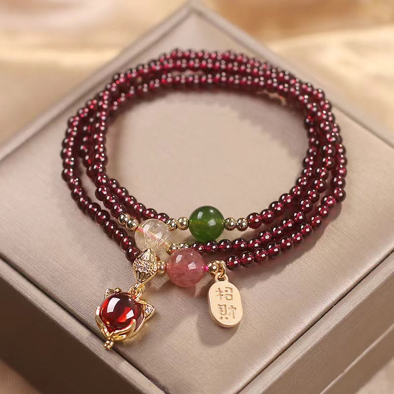 Triple Wrap Garnet Bracelet with Peace Buckle and Crystal Healing