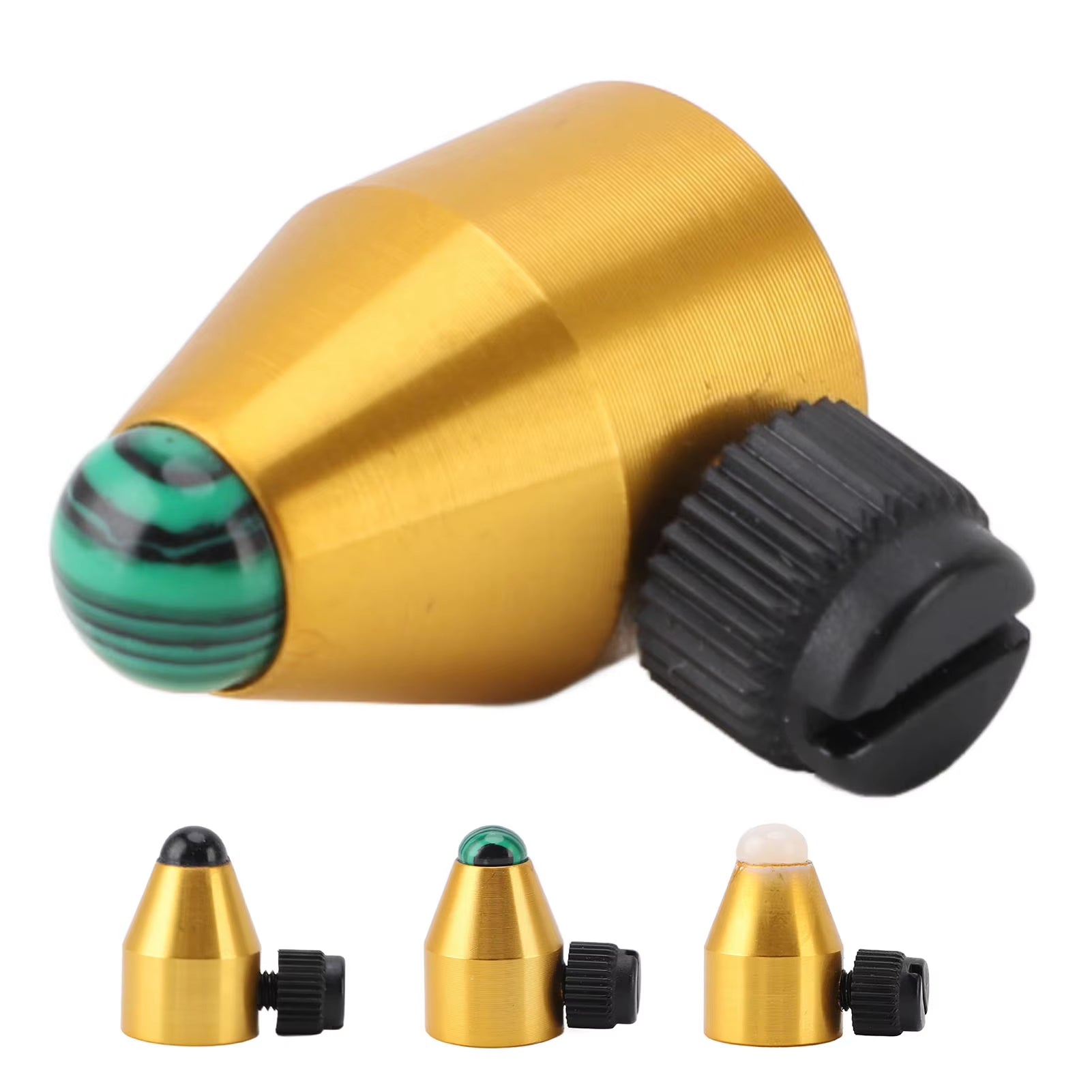 Gold metal cartridge holder with black knob and green marble tip for Tuning Fork Feet accessory