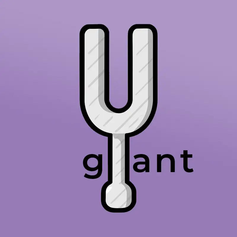 White illustrated tuning fork with black outline and diagonal hatching, set against a solid purple background.