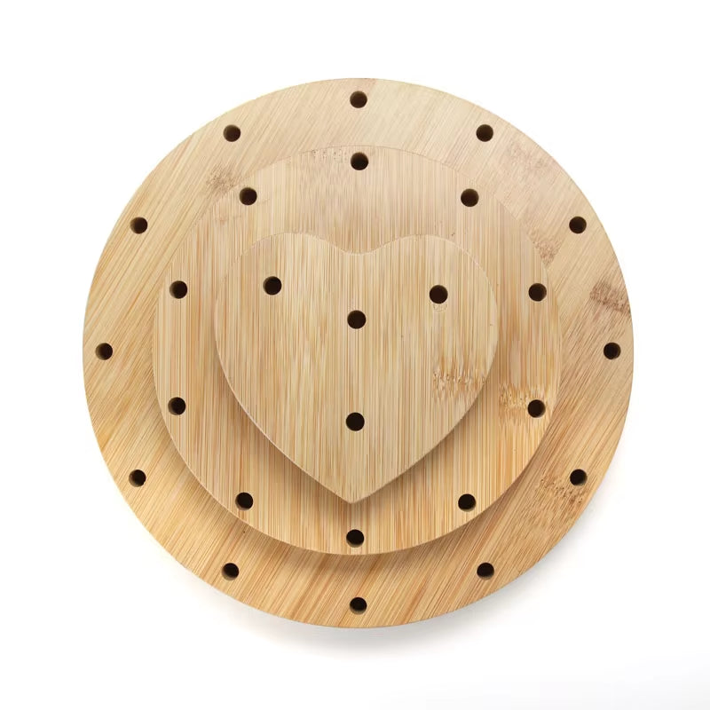 Bamboo trivet with concentric circle holes for Tuning Fork Stand Holder in heart shape