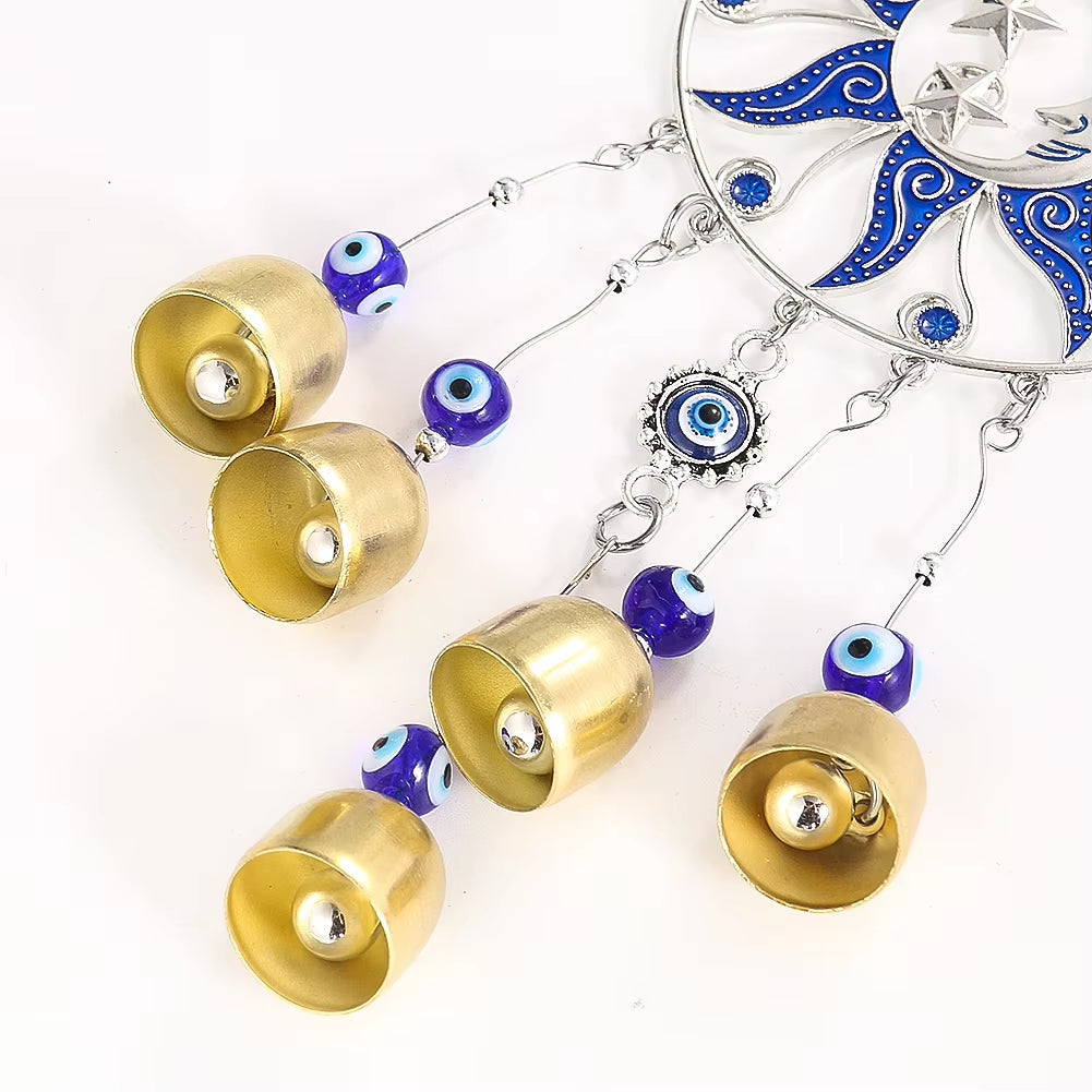 Decorative Turkish Blue Eye Amulet Wind Chimes with bells and silver chain ornaments